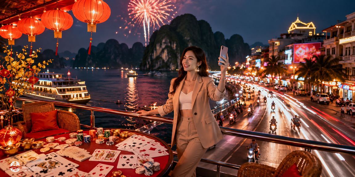 Khung cảnh vịnh Hạ Long về đêm với hiệu ứng neon, gợi lên không khí giải trí hiện đại