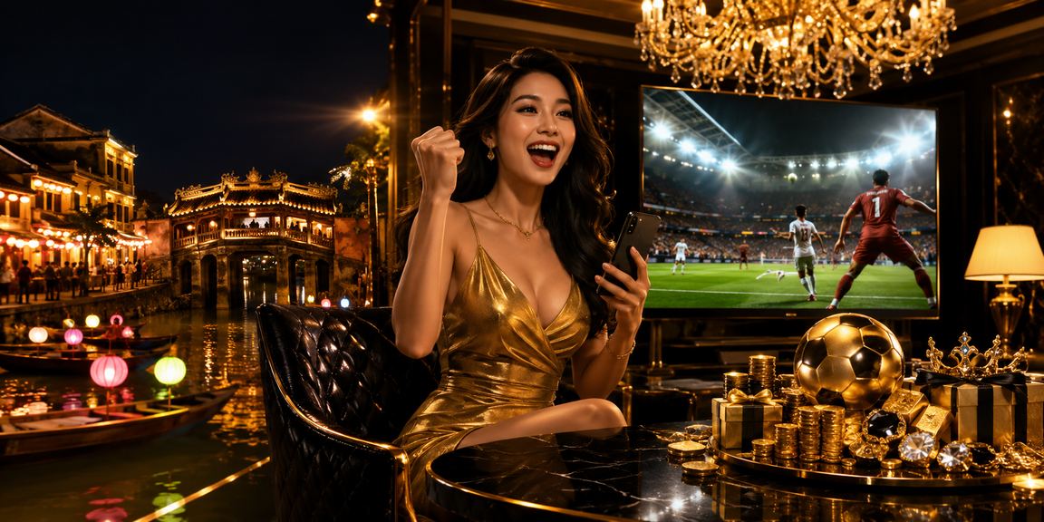 Cảnh chợ đêm Hội An với người dùng truy cập xổ số trực tuyến trên điện thoại